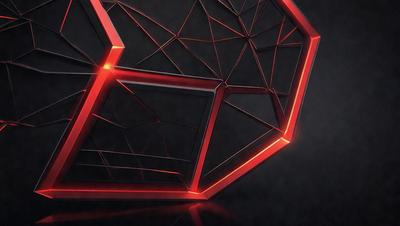 The primary subject of the image is a red and black geometric pattern. The setting is a dark background, which contrasts with the bright colors of the pattern. The visual style appears to be a combination of digital art and illustration, creating a unique and eye-catching design. The dominant colors are red and black, giving the image a bold and striking appearance.