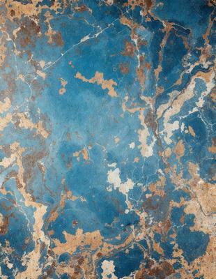 The primary subject of the image is a blue and brown marbled wall. The setting is a room with a blue and brown marbled wall as the main focus. The visual style is a close-up of the marbled wall, showcasing its intricate patterns. The colors and mood of the image are predominantly blue and brown, creating a warm and inviting atmosphere.