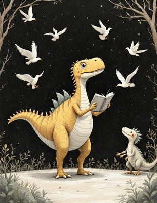 Primary subject: A dinosaur reading a book.

Setting/background: The dinosaur is standing in a forest, surrounded by trees and birds.

Visual style: The image is a digital art illustration.

Colors and mood: The colors are predominantly earthy tones, creating a calm and natural atmosphere.