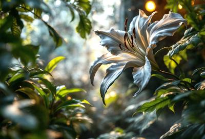 The primary subject of the image is a white flower, possibly a lily, with long petals and a delicate appearance. The flower is situated in a forest setting, surrounded by green leaves and branches. The visual style of the image is a close-up, focusing on the flower's details. The colors in the image are predominantly green and white, creating a serene and natural atmosphere.