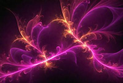 The primary subject of the image is a purple and orange flame, which is the main focus of the image. The setting is a dark background, which contrasts with the bright colors of the flame. The visual style is a digital art or illustration, as the flame appears to be a digital creation. The dominant colors are purple and orange, creating a vibrant and energetic atmosphere.