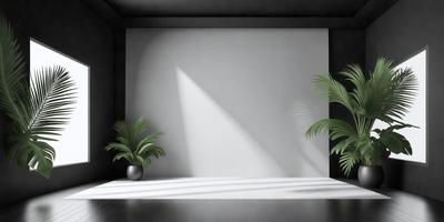 The primary subject of the image is a white wall with a shadow cast on it. The setting is a room with a white floor and a black background. The visual style is a black and white photo. The colors and mood of the image are predominantly white and black, creating a stark and minimalist atmosphere.