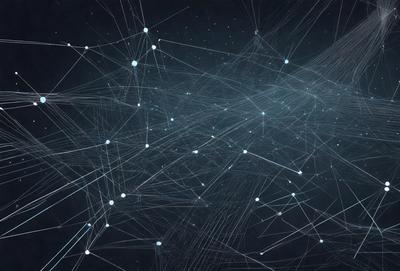 The primary subject of the image is a complex network of interconnected lines, which create a visually striking and intricate pattern. The setting is a dark background, which contrasts with the lines and adds depth to the composition. The visual style is a combination of digital art and illustration, as the lines are rendered in a way that resembles a computer-generated or hand-drawn pattern. The colors and mood of the image are predominantly black and white, with the interconnected lines creating a sense of depth and complexity