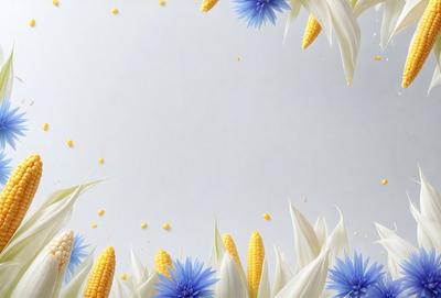 The primary subject of the image is a close-up of yellow corn kernels. The setting is a white background, which creates a clean and minimalist appearance. The visual style is a combination of photo and digital art, as the corn kernels are depicted in a detailed and realistic manner. The dominant colors are yellow and white, giving the image a warm and fresh atmosphere.