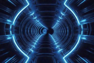 The primary subject of the image is a tunnel-like structure with a blue light illuminating it. The tunnel appears to be made of metal, and the blue light creates a futuristic and otherworldly atmosphere. The setting is a dark, enclosed space, and the visual style is a combination of digital art and illustration. The dominant colors are blue and black, with the blue light creating a sense of depth and intrigue.