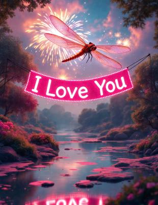 The primary subject of the image is a large dragonfly hovering over a body of water. The setting is a serene, pink-lit forest with a river flowing through it. The visual style is a digital art, creating a whimsical and magical atmosphere. The dominant colors are pink and purple, giving the scene a romantic and enchanting mood.