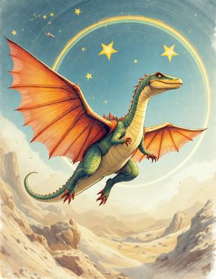 Primary subject: Dinosaur
Setting/background: Sky
Visual style: Digital art
Colors and mood: Orange, green, and blue