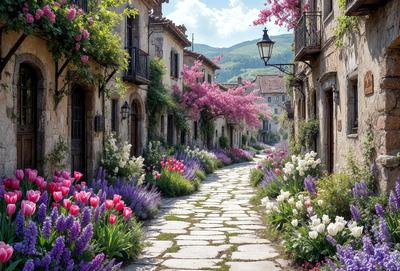 The primary subject of the image is a narrow alleyway lined with purple flowers, white flowers, and pink flowers. The setting is a quaint, old-world village with stone buildings and a mountain in the background. The visual style is a photo, capturing the beauty of the flowers and the charming atmosphere of the village. The colors and mood of the image are vibrant and serene, with the purple, white, and pink flowers creating a sense of tranquility and natural beauty.