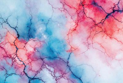 The primary subject of the image is a colorful, abstract painting featuring a mix of red, blue, and purple hues. The setting is a canvas, and the visual style is a combination of digital art and illustration. The painting has a vibrant and lively atmosphere, with the colors creating a sense of energy and movement.