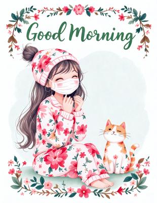 The primary subject of the image is a woman wearing a face mask, sitting on the floor next to a cat. The setting is indoors, with a potted plant visible in the background. The visual style is a combination of digital art and illustration, creating a whimsical and playful atmosphere. The dominant colors are pink and green, which are prevalent in the woman's outfit and the surrounding environment.