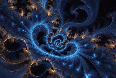 The primary subject of the image is a blue spiral pattern, which appears to be a digital art or illustration. The setting is a dark blue background, creating a contrasting and dramatic effect. The visual style suggests that the image is a creative and artistic representation of a spiral pattern. The colors and mood of the image are predominantly dark and moody, with the blue hue adding a sense of depth and mystery to the scene.