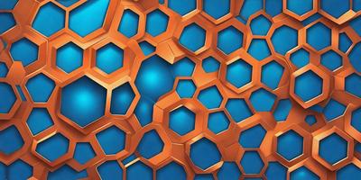 The primary subject of the image is a close-up of a blue and gold honeycomb pattern. The setting is a blue background, and the visual style appears to be a digital art or illustration. The dominant colors are blue and gold, creating a vibrant and visually appealing atmosphere.
