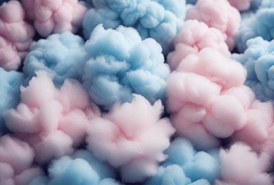 The primary subject of the image is a pile of cotton candy, which is a popular dessert made from sugar, water, and food coloring. The cotton candy is displayed in a variety of colors, including blue, pink, and purple. The setting is a close-up of the cotton candy, showcasing its texture and vibrant colors. The visual style of the image is a close-up photo of the cotton candy, emphasizing its details and colors. The overall atmosphere