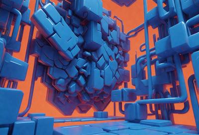 The primary subject of the image is a large, blue, three-dimensional structure made of various shapes and blocks. The setting is a red background, which contrasts with the blue structure. The visual style is digital art, as the image appears to be a computer-generated or digitally rendered creation. The dominant colors are blue and red, creating a vibrant and visually striking scene.