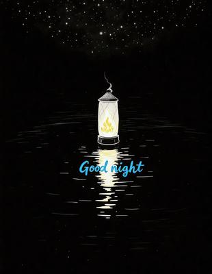 The primary subject of the image is a lit lantern floating on the water. The setting is a dark night with a starry sky in the background. The visual style is a black and white drawing, giving the image a classic and timeless feel. The colors and mood are predominantly dark, with the lantern providing a warm and inviting glow.