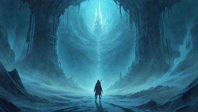 The primary subject of the image is a person, likely a warrior or adventurer, walking through a snowy, icy landscape. The setting appears to be a mountainous area with a castle in the background. The visual style of the image is digital art, giving it a unique and detailed appearance. The colors and mood of the image are predominantly cold and dark, with the snow and ice creating a sense of isolation and adventure.