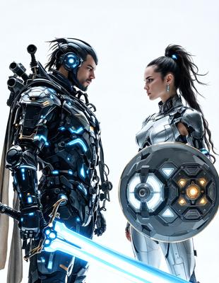 The primary subject of the image is a man and a woman dressed in futuristic armor, standing next to each other. They appear to be in a futuristic setting, possibly a battlefield or a high-tech environment. The visual style of the image is digital art, as it is a well-crafted and detailed illustration. The dominant colors in the image are blue and silver, giving the scene a futuristic and high-tech atmosphere.