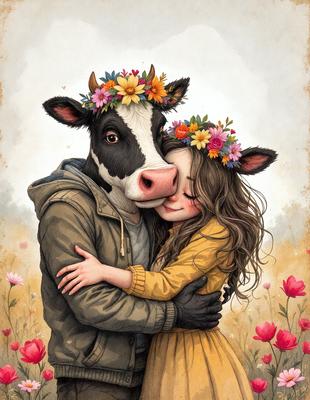 The primary subject of the image is a man and a woman, both wearing flower crowns, standing in a field of flowers. The man is hugging the woman, and they are both smiling. The setting is a beautiful, colorful field with flowers, creating a joyful and natural atmosphere. The visual style of the image is a combination of digital art and illustration, with the flowers and people depicted in a vibrant and detailed manner. The colors and mood of the image are warm, cheerful, and