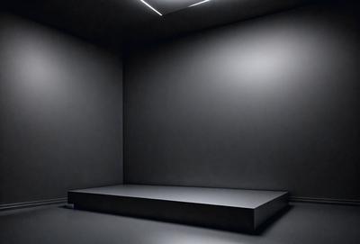 The primary subject of the image is a black stage with a bench in the middle. The setting is a dark room, and the visual style is a black and white photo. The colors and mood of the image are predominantly dark and moody, creating a dramatic atmosphere.