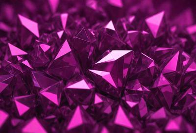 The primary subject of the image is a large pile of purple crystals, which are arranged in a visually appealing manner. The setting is a dark background, which contrasts with the vibrant purple color of the crystals. The visual style of the image is a combination of photo and digital art, creating a unique and eye-catching display. The dominant colors in the image are purple and pink, giving the scene a warm and inviting atmosphere.