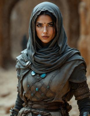 The primary subject of the image is a woman wearing a gray robe and a headscarf. She is standing in a desert-like environment, with a rocky background. The visual style of the image is a photo, capturing the woman's unique appearance and the surrounding landscape. The colors in the image are predominantly gray and brown, creating a mood of solitude and tranquility.