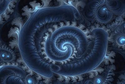 The primary subject of the image is a spiral pattern, which is the main object, scene, or focus of the image. The spiral pattern is set against a blue background, creating a visually striking contrast. The image is a digital art piece, showcasing the artist's creativity and skill in designing intricate patterns. The overall atmosphere of the image is one of beauty and complexity, with the blue color evoking a sense of calmness and tranquility.
