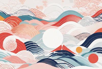 The primary subject of the image is a painting of a mountain with a sun in the middle. The setting is a mountainous landscape, and the visual style is a combination of digital art and illustration. The dominant colors are blue, red, and white, creating a serene and calming atmosphere.