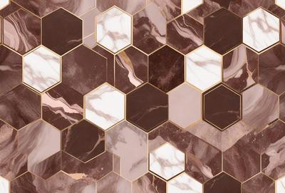The image features a marble wall with a pattern of hexagons. The hexagons are arranged in a honeycomb-like pattern, creating a visually appealing and textured surface. The marble wall is the primary subject of the image, and it is set against a backdrop of a brown and white color scheme. The visual style of the image is a combination of photo and digital art, as it captures the intricate details of the marble hexagons. The overall atmosphere of the image is elegant and s