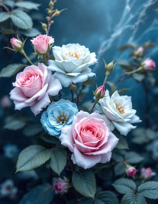 The primary subject of the image is a bouquet of pink and white roses. The setting is a blue background, which adds a contrasting and visually appealing element to the scene. The visual style is a photo, capturing the beauty of the flowers in their natural environment. The colors and mood of the image are predominantly pink and white, creating a sense of elegance and serenity.