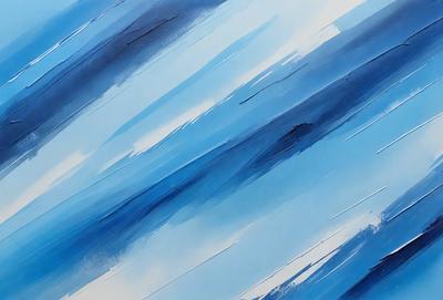 The primary subject of the image is a painting of a blue sky with clouds. The setting is a white wall, and the visual style appears to be a digital art or illustration. The dominant colors in the painting are blue and white, creating a serene and calming atmosphere.