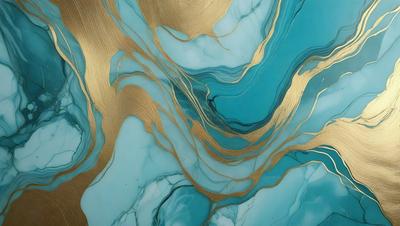 The primary subject of the image is a blue and gold marbled tile. The setting is a bathroom, with the tile covering the walls and floor. The visual style is a combination of digital art and illustration, creating a unique and eye-catching design. The dominant colors are blue and gold, giving the space a luxurious and elegant atmosphere.