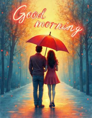 Good morning, a man and a woman are walking together under a red umbrella. The man is holding the umbrella above the woman, providing shelter from the rain. The scene is set in a forest, with trees in the background. The overall atmosphere is warm and cozy, as the couple enjoys their time together despite the rainy weather.