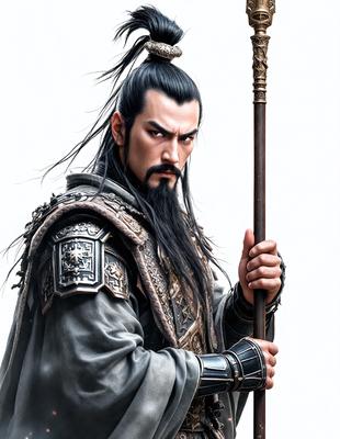 The primary subject of the image is a man with long hair, a beard, and a mustache. He is wearing a robe and holding a staff. The setting is a white background, which provides a clean and minimalistic look to the image. The visual style is a combination of digital art and illustration, creating a unique and intriguing scene. The colors in the image are predominantly grayscale, giving it a moody and dramatic atmosphere.