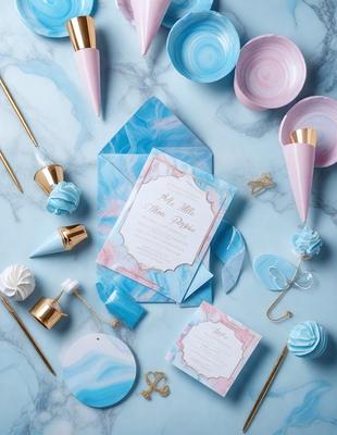 The primary subject of the image is a blue and white invitation card, which is placed on a table. The setting is a table with various items, including a bowl, a cup, a spoon, and a fork. The visual style is a combination of photo and digital art, creating a unique and eye-catching design. The colors and mood of the image are predominantly blue and white, giving it a clean and elegant appearance.