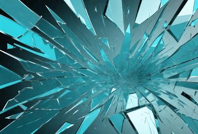 The primary subject of the image is a large, shattered glass piece, which appears to be a part of a larger glass structure. The setting is a dark room, and the visual style is a combination of photo and digital art. The colors and mood of the image are predominantly dark and moody, with the shattered glass creating a sense of disruption and chaos.