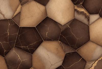 The primary subject of the image is a close-up of a brown and tan marble pattern. The setting is a wall with a patterned surface, possibly a marble or stone wall. The visual style is a close-up of the marble pattern, showcasing the intricate details of the design. The colors and mood of the image are warm and earthy, with the brown and tan tones creating a natural and elegant atmosphere.