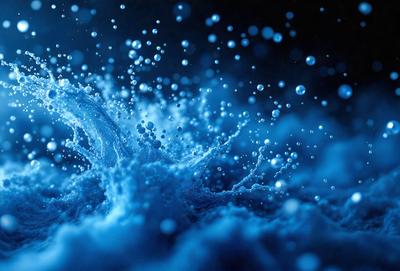 The primary subject of the image is a blue, swirling, and bubbling water effect. The setting is a dark background, which contrasts with the blue water. The visual style is a digital art or illustration, creating a dynamic and captivating scene. The dominant colors are blue and black, giving the image a cool and moody atmosphere.