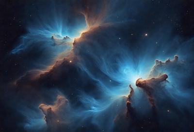 The primary subject of the image is a beautiful, colorful nebula in space. The setting is a dark, starry sky, with the nebula being the main focus of the image. The visual style is a combination of a photo and digital art, creating a stunning and detailed representation of the celestial object. The colors and mood of the image are vibrant and captivating, with the nebula's vivid hues and the vastness of the space evoking a sense of wonder and