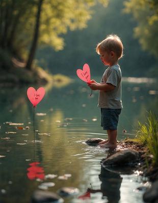 The primary subject of the image is a young boy standing in a body of water, holding a heart-shaped balloon. The setting is a serene environment with a river flowing nearby. The visual style is a photo, capturing the boy's interaction with the heart-shaped balloon. The colors and mood of the image are predominantly warm and inviting, with the boy's smile and the heart-shaped balloon adding a sense of joy and playfulness to the scene.