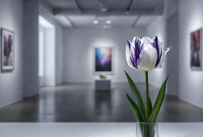 The primary subject of the image is a single white flower, which is placed in a clear vase on a table. The setting is a white room with a white floor, and the visual style appears to be a photo. The dominant colors in the image are white and purple, creating a clean and elegant atmosphere.