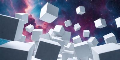 The primary subject of the image is a large number of white cubes floating in a blue and purple space. The setting is a vibrant and colorful background, which adds to the overall atmosphere of the scene. The visual style of the image is a combination of photo and digital art, creating a unique and eye-catching display. The colors and mood of the image are lively and energetic, with the blue and purple hues contrasting beautifully with the white cubes.