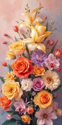 The primary subject of the image is a bouquet of various flowers, including yellow, orange, and purple ones. The flowers are arranged in a vase, creating a beautiful and colorful display. The setting is a room with a wall, and the visual style appears to be a painting or a digital artwork. The dominant colors in the image are yellow, orange, and purple, creating a warm and vibrant atmosphere.