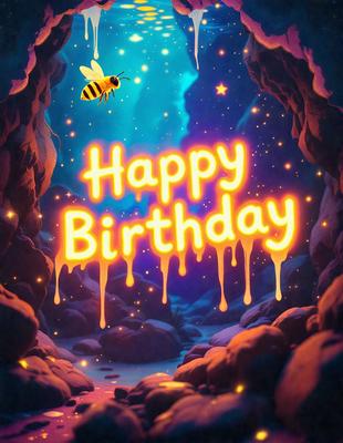 Happy Birthday: [The main object, scene, or focus of the image is a birthday celebration, with a yellow and blue color scheme, and a digital art style.]

Setting/background: [The environment, backdrop, or surface visible in the image is a cave, with a starry night sky in the background.]

Visual style: [The image is a digital art illustration, featuring a happy birthday message and a bee flying in the background.]

Colors and mood: [