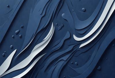 The primary subject of the image is a blue and white artistic design, possibly a painting or a digital artwork. The setting is a blue background, which complements the artwork. The visual style appears to be a combination of digital art and illustration, creating a unique and intricate design. The colors and mood of the image are predominantly blue and white, giving it a calm and serene atmosphere.