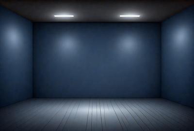 The primary subject of the image is a large, empty room with a blue wall. The setting is a dark room with a blue background, giving it a moody atmosphere. The visual style is a black and white photo, which adds a sense of drama and contrast to the scene. The colors and mood of the image are predominantly dark and dramatic, with the blue wall serving as a striking focal point.