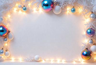 The primary subject of the image is a white background with a string of lights and ornaments. The lights are shining brightly, creating a festive atmosphere. The ornaments include a variety of balls and other decorations, adding a touch of holiday cheer to the scene. The setting appears to be indoors, possibly in a room or a store, where the lights and ornaments are displayed. The visual style of the image is a combination of digital art and illustration, creating a visually appealing and festive scene.