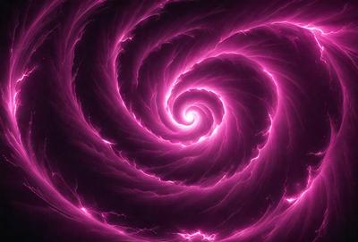 The primary subject of the image is a large, swirling, pink spiral pattern. The setting is a dark background, which contrasts with the bright pink color of the spiral. The visual style appears to be a combination of digital art and illustration, creating a striking and eye-catching design. The colors and mood of the image are predominantly pink, giving it a vibrant and energetic atmosphere.