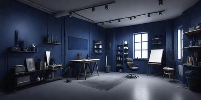 The primary subject of the image is a room with a blue wall and a window. The room is filled with various objects, including a chair, a desk, a laptop, and a potted plant. The setting appears to be a workspace or a home office. The visual style of the image is a black and white photo, which adds a sense of nostalgia and timelessness to the scene. The colors and mood of the image are predominantly dark and moody, with the blue wall and the window providing a