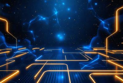 The primary subject of the image is a futuristic cityscape with a blue and yellow color scheme. The setting is a dark, star-filled sky, creating a sense of depth and mystery. The visual style is a combination of digital art and illustration, giving the scene a unique and captivating appearance. The colors and mood convey a sense of wonder and exploration, as the viewer is drawn into the vastness of space.