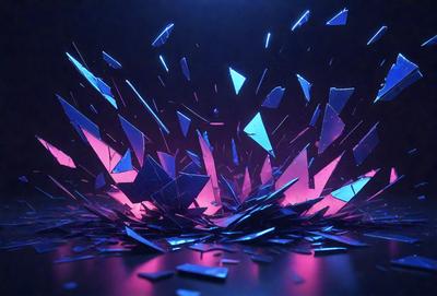 The primary subject of the image is a large, colorful display of broken glass, which appears to be a digital art or illustration. The setting is a dark background, which contrasts with the vibrant colors of the broken glass. The visual style is a mix of realistic and abstract elements, creating a unique and eye-catching scene. The colors and mood of the image are predominantly pink and purple, giving it a dreamy and surreal atmosphere.